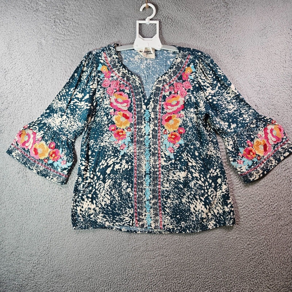 Savanna Jane Small Rose Floral Embroidered Top Blouse‎ Women Multicolor